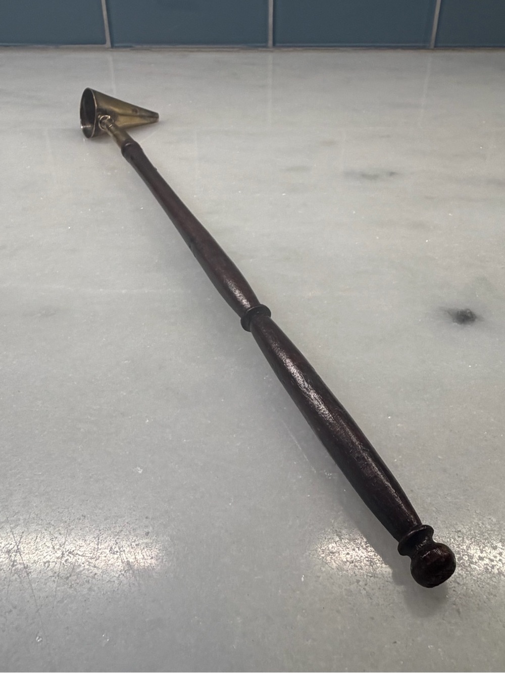 Vintage F.P.N.S India Candle Snuffer Long Wood Handle Brass Tone 15”